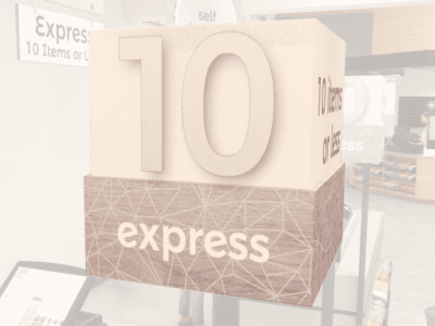 Modern Collection's checkstand cube with text "Express" on the base of the cube and "10 items or less" on the L/R side.