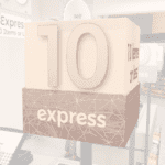 Checkstand light cube for the express lane from Shop2It Retail's Modern Collection with the text "Express" on the base and "10 items or less" on the L/R sides.