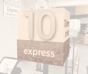 Checkstand light cube for the express lane from Shop2It Retail's Modern Collection with the text "Express" on the base and "10 items or less" on the L/R sides.
