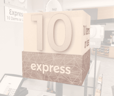 Checkstand light cube for the express lane from Shop2It Retail's Modern Collection with the text "Express" on the base and "10 items or less" on the L/R sides.