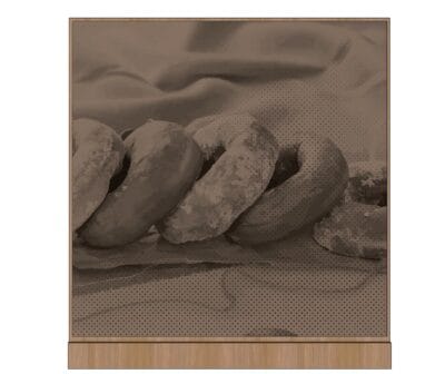 Convenience store graphic image of donuts with a beige tint and a wood-look frame designed by Shop2It Retail.