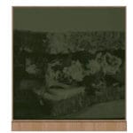 Image of a convenience store graphic panel for prepared food deli sandwich with a green tint and wood-look frame on top and bottom.