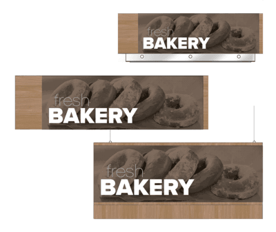 Convenience store sign for the bakery area of a gas station of a convenience store. Three variations of the sign are shown as designed by Shop2It Retail.
