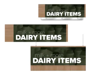 Convenience store sign for the dairy items area of a gas station of a convenience store. Three variations of the sign are shown as designed by Shop2It Retail.