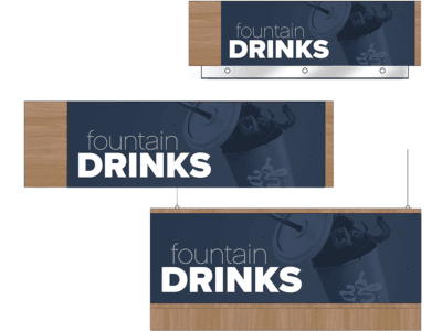 Convenience store sign for the fountain drinks area of a gas station of a convenience store. Three variations of the sign are shown as designed by Shop2It Retail.
