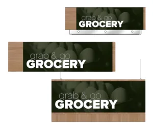 Convenience store sign for the grocery area of a gas station of a convenience store. Three variations of the sign are shown as designed by Shop2It Retail.