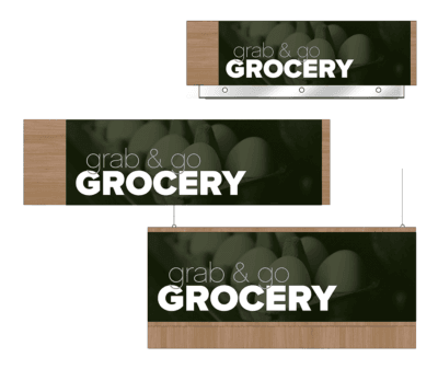Convenience store sign for the grocery area of a gas station of a convenience store. Three variations of the sign are shown as designed by Shop2It Retail.