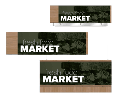 Convenience store sign for the market area of a gas station of a convenience store. Three variations of the sign are shown as designed by Shop2It Retail.