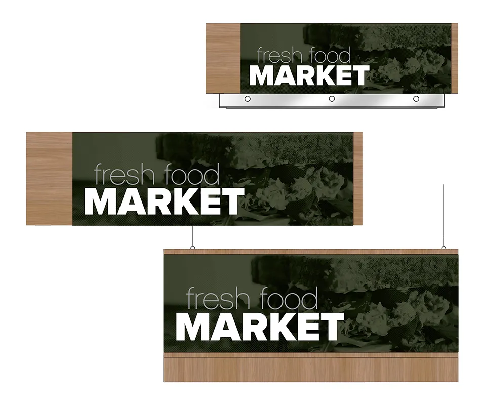 Convenience store sign for the market area of a gas station of a convenience store. Three variations of the sign are shown as designed by Shop2It Retail.
