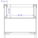 A section view of the Laney Collection's Wood Dump Bin showing an internal depth measurement of 24.5", a bin height measurement of 12-1/16", and a edge thickness measurement of 3".