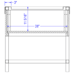A section view of the Laney Collection's Wood Dump Bin with an open base. Shown with an internal bin height measurement of 11-5/16" a bin width measurement of 28", and an edge thickness of 3".