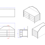 Combined image of all diagram view drawings of the Laney Collection's Produce End Cap with a Shelved Base.