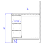 Cross section view of the Laney Collection's Produce End Cap Display with a shelved base showing top tray depth of 3/4", height to top of tray as 36", depth of shelved area as 11-1/4" and leg height as 4".