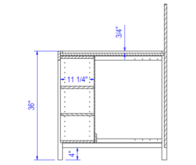 Cross section view of the Laney Collection's Produce End Cap Display with a shelved base showing top tray depth of 3/4", height to top of tray as 36", depth of shelved area as 11-1/4" and leg height as 4".