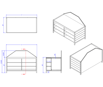 Combined image of all diagram view drawings of the Laney Collection's Produce End Cap with a Shelved Base.