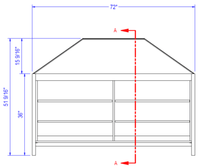 Front view of the Laney Collection's Produce End Cap with a Shelved base showing dimensions of 72" wide, backboard height of 15-9/16", tabletop height of 36", and overall height of 51-9/16".