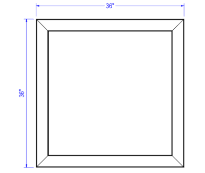 Top view of the Laney Collection's Produce Orchard Bin with an open base showing dimensions of 36" wide by 36" deep.