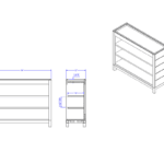 Combined image of the front view, showing a measurement of 36"x29", a side view, showing the total depth measurement of the unit as 12", and a simple angled view of the Laney Collection Shop2It Retail Two-Sided Shelved Spill Bin