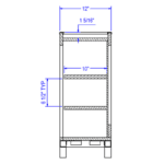 A side view of the Laney Collection Two-Sided Produce Spill Bin with a shelved base showing an overall depth of 12", a shelf depth of 10", and a shelf height of 6.5", with an upper tray depth of 1-5/16".