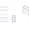 Combined image of the front view, showing a measurement of 36"x30", a side view, showing the internal shelf depth as 10", a top view showing the dimensions of 36" wide by 12" deep, and a simple angled view of the Laney Collection Shop2It Retail Shelved Spill Bin