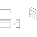 Combined image of the front view, showing a measurement of 36"x30", a side view, showing the internal shelf depth as 10", a top view showing the dimensions of 36" wide by 12" deep, and a simple angled view of the Laney Collection Shop2It Retail Shelved Spill Bin