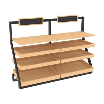Large bakery display with angled shelves from Shope2It Retail's Xander Collection. Shown here in the blonde maple finish option.
