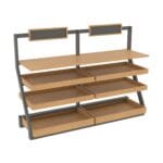 Large bakery display with wood trays form Shop2It Retail's Xander Collection. Shown here in the brown oak finish option.