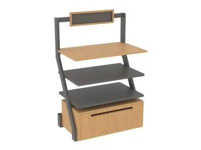 Small bakery display fixture with a wooden drawer from Shop2It Retail's Xander Collection. Shown here in the brown oak finish option.