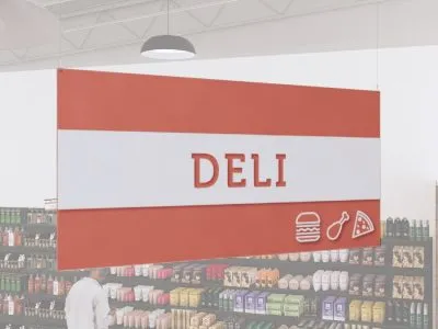 Deli Department Sign from Shop2It Retail's Iconic collection has cutout text to show color beneath and dimensional icons.