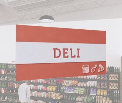 Deli Department Sign from Shop2It Retail's Iconic collection has cutout text to show color beneath and dimensional icons.