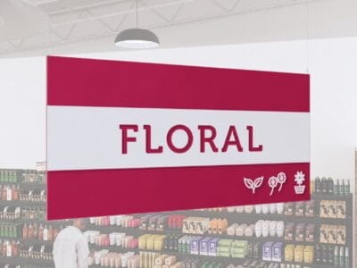 Floral Department Sign from Shop2It Retail's Iconic Collection has cutout letters, revealing color underneath, and dimensional icons.