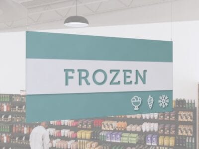 Frozen Department Sign from Shop2It Retail's Iconic Collection has cutout text to reveal color underneath and dimensional icons.