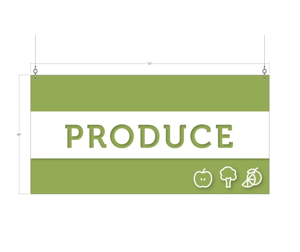 Produce Tall Department Sign for produce department wayfinding. Text says "PRODUCE" and is cutout. Dimensional icons.