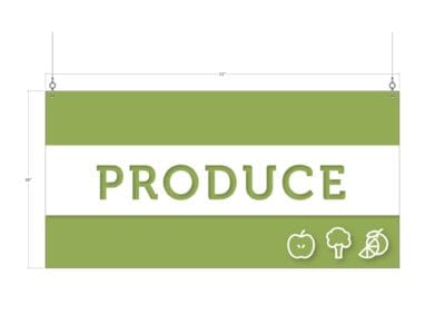 Produce Tall Department Sign for produce department wayfinding. Text says "PRODUCE" and is cutout. Dimensional icons.