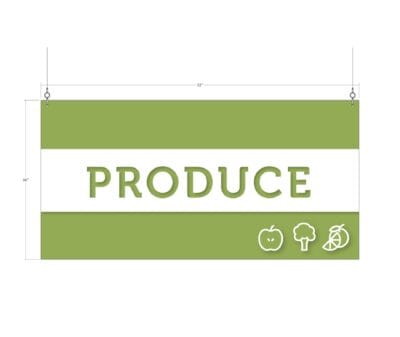 Produce Tall Department Sign for produce department wayfinding. Text says "PRODUCE" and is cutout. Dimensional icons.