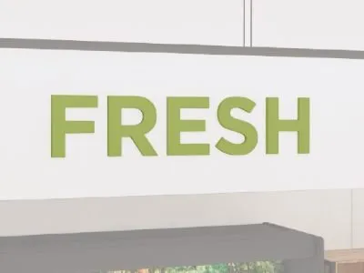 department sign dimensional wall copy for produce department with text "Fresh" from the Iconic Collection's Cheerful color selection.