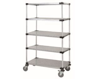 5-Tier Galvanized Mobile cart that is 36" wide by 18" deep and 69" high.
