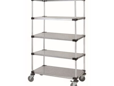 5-Tier Galvanized Mobile cart that is 36" wide by 18" deep and 69" high.