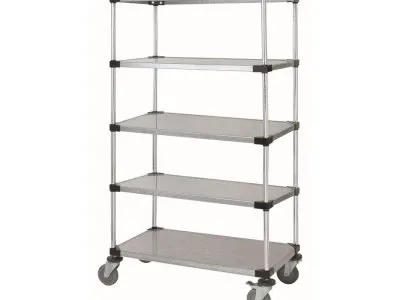 5-Tier Galvanized Mobile cart that is 36" wide by 18" deep and 69" high.