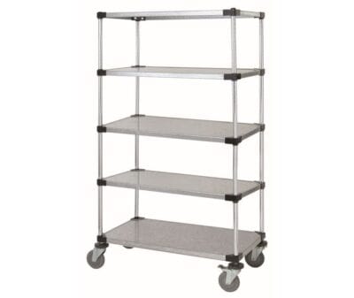 5-Tier Galvanized Mobile cart that is 36" wide by 18" deep and 69" high.
