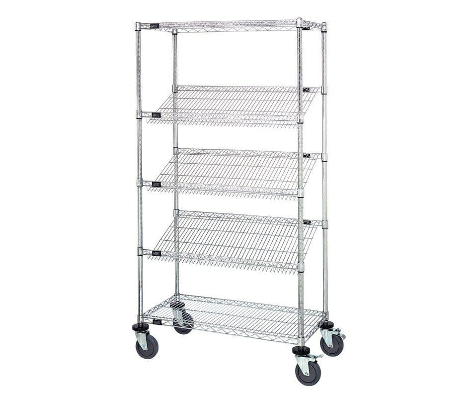 Wire Shelving 5- Tier chrome mobile cart that is 36" wide by 18" deep and 63" high.