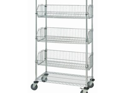 Mobile chrome basket unit with adjustable baskets that is 48" wide by 18" deep and 69" high.