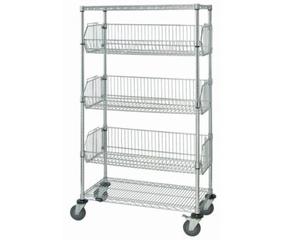 Mobile chrome basket unit with adjustable baskets that is 48" wide by 18" deep and 69" high.