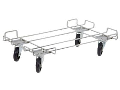 Stainless steel chrome dolly base that is 36" wide and 20" deep that can hold up to 800 lbs.
