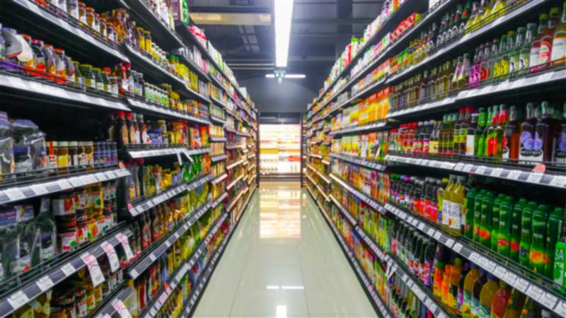 "Gondola," shelving which is double sided for a supermarket.