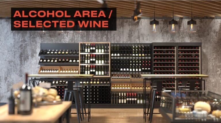 Hanging sign copy that states " alcohol area slash selected wine."