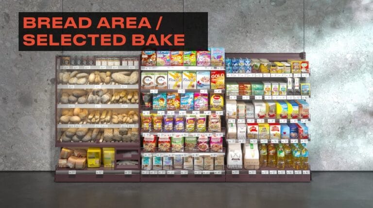Hanging copy sign that states "Bread Area slash Selected Bake."