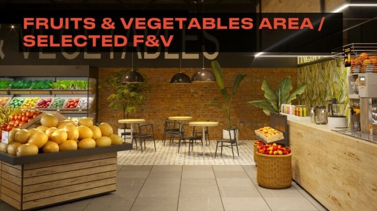 Hanging copy sign that states "fruits & vegetables area slash selected F & V."