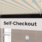 White Self-Checkout Sign with Black Text and A Black Stripe at the top. Double sided sign from Shop2It Retail.